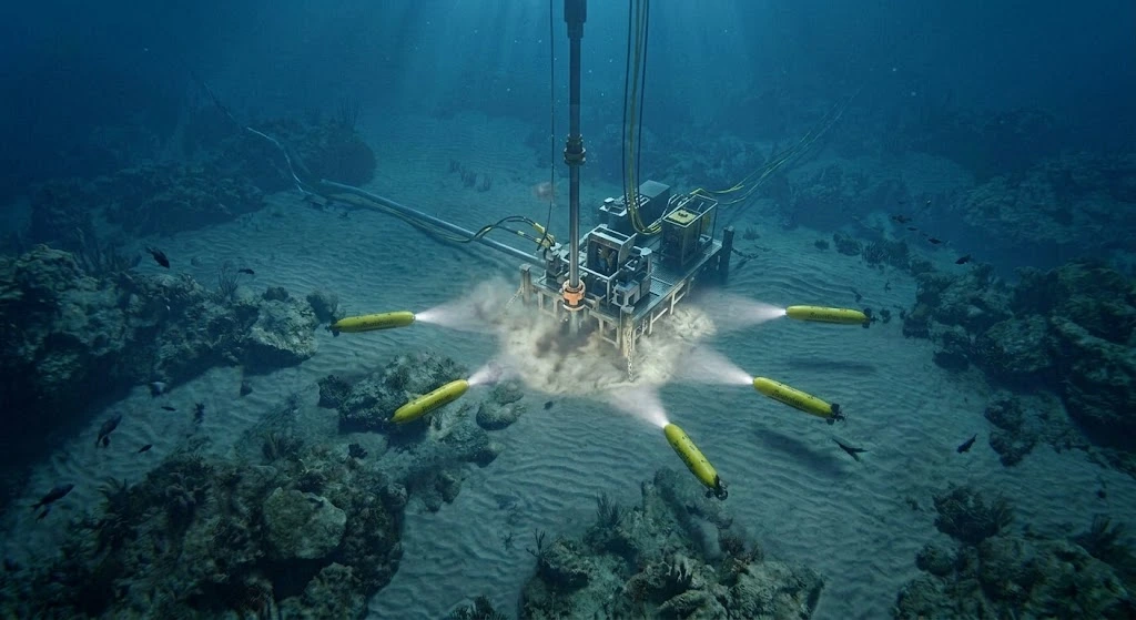 Operators deploying a Strydent AUV from a patrol craft at dusk
